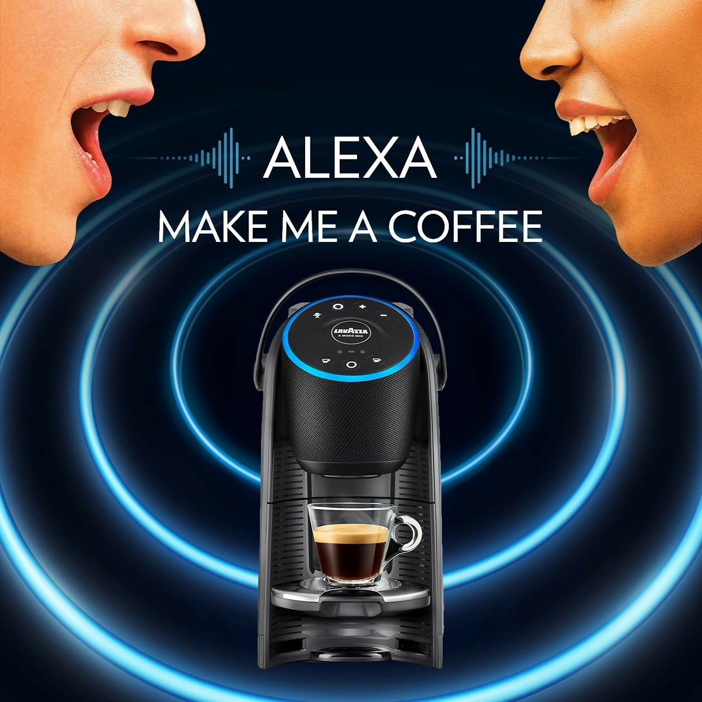 10 x Lavazza, A Modo Mio Voicy, Espresso Coffee Machine with Alexa&Smart Home Control, Voice Control, Compatible with Lavazza A Modo Mio Capsules, Touch Interface, Dishwasher Safe Components, 1200W, Black