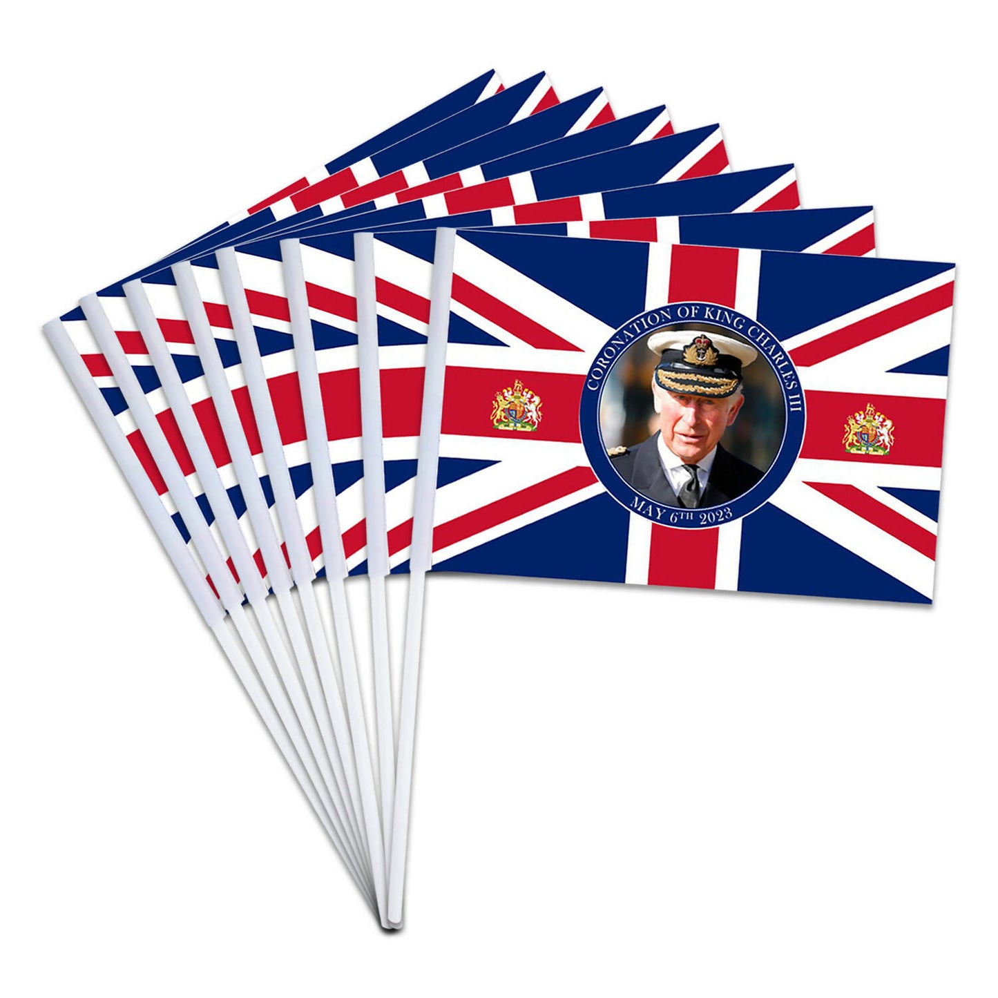 10 x 50 Pack King Charles III Hand Waving Flag Union Jack