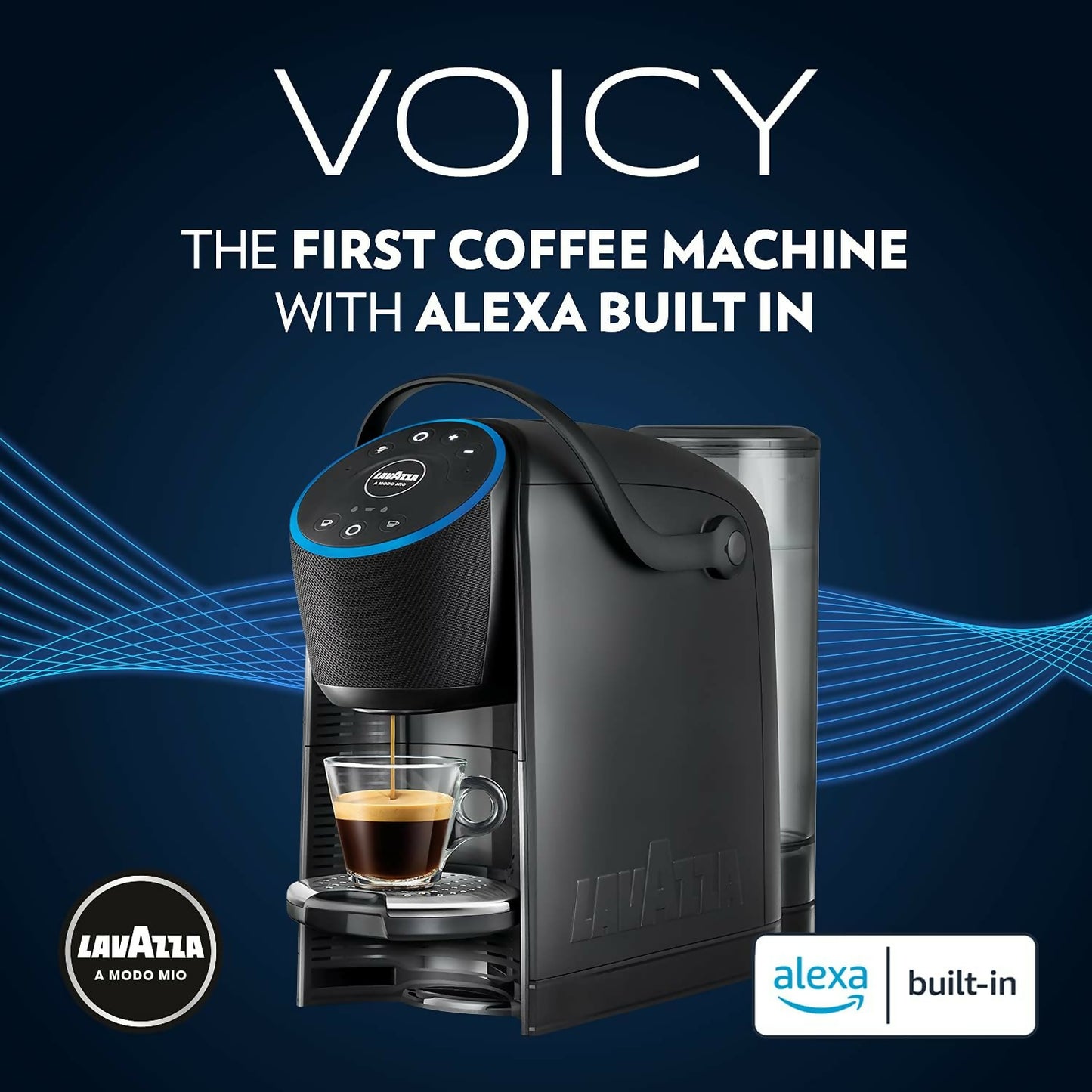 10 x Lavazza, A Modo Mio Voicy, Espresso Coffee Machine with Alexa&Smart Home Control, Voice Control, Compatible with Lavazza A Modo Mio Capsules, Touch Interface, Dishwasher Safe Components, 1200W, Black