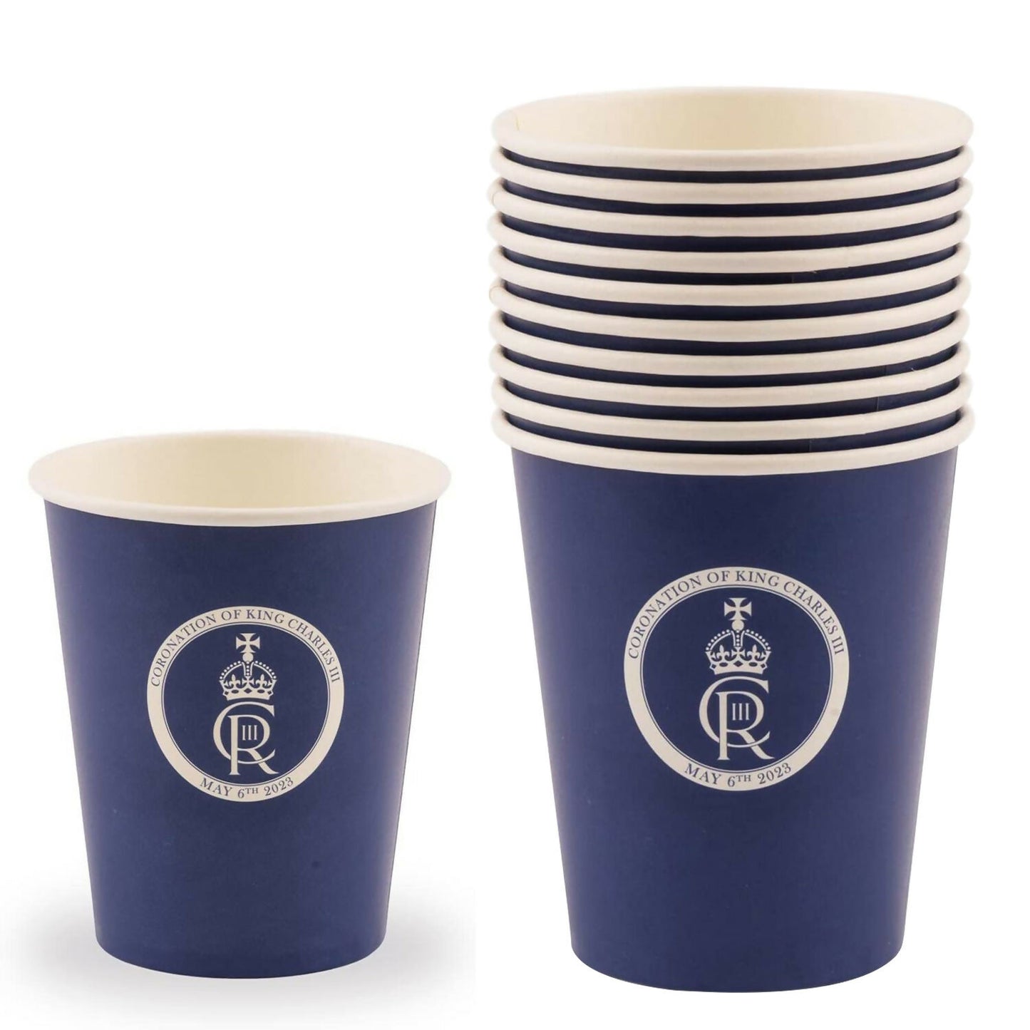 10 x 50 Pack King Charles Coronation Blue Paper Cups